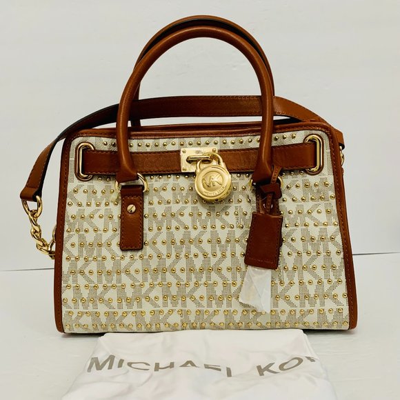 MICHAEL KORS HAMILTON STUDDED VANILLA AND GOLD SATCHEL WITH DUST BAG - Picture 1 of 14